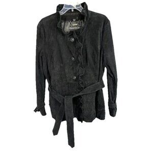 NWT Pamela McCoy Couture Suede Leather Jacket Coat Size M Ruffle Belted